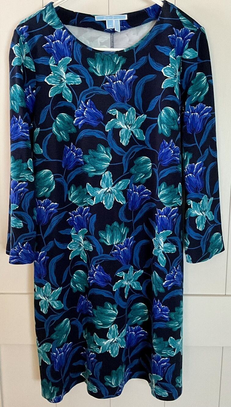 Draper James Womens Hibiscus Floral Print Dress Sz. Medium Blue/Green/Black
